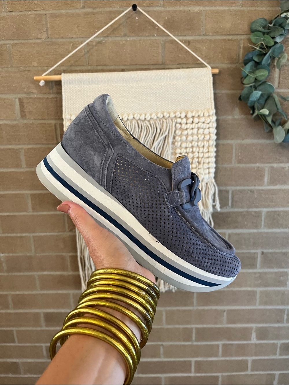 Women's Suede Perforated Slip-On Loafer in Slate Blue